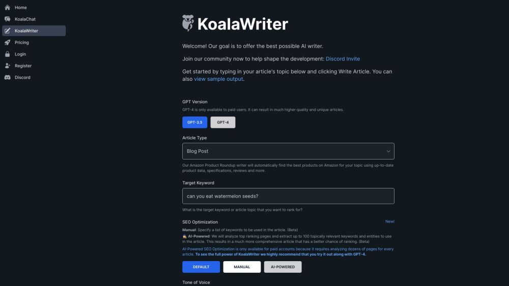 Koala: GPT-4 AI Writer, Chatbot, SERP & SEO Tools