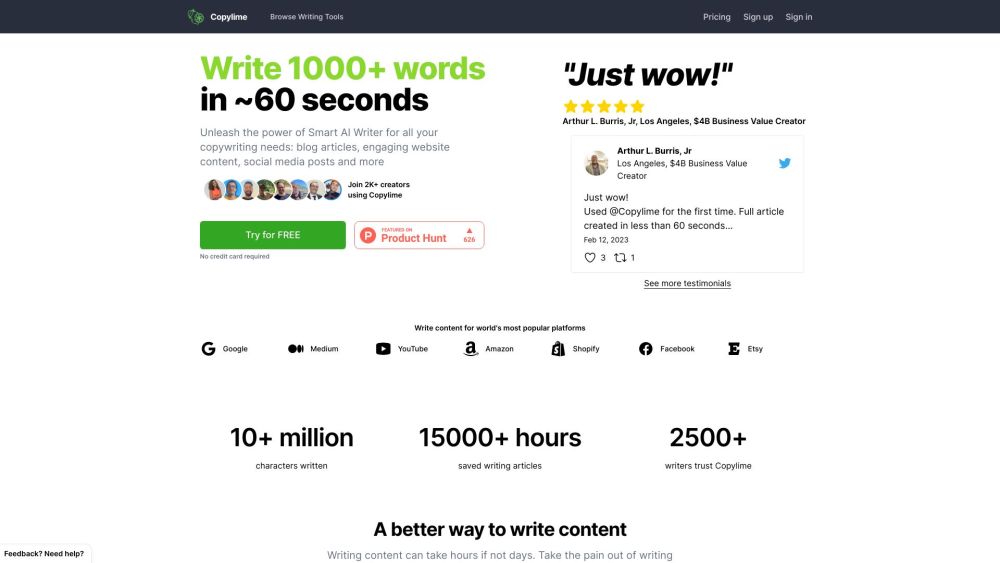 Copylime: AI Writer for Fast, 1000+ Word Articles in 60s