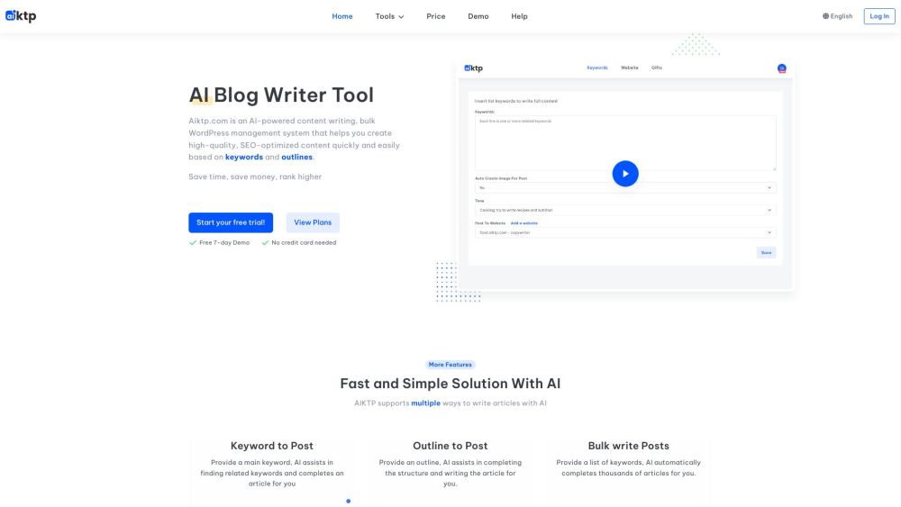 Aiktp.com: AI Writer & WP Manager - Keyword Gen, Blog Posts, 1-Click