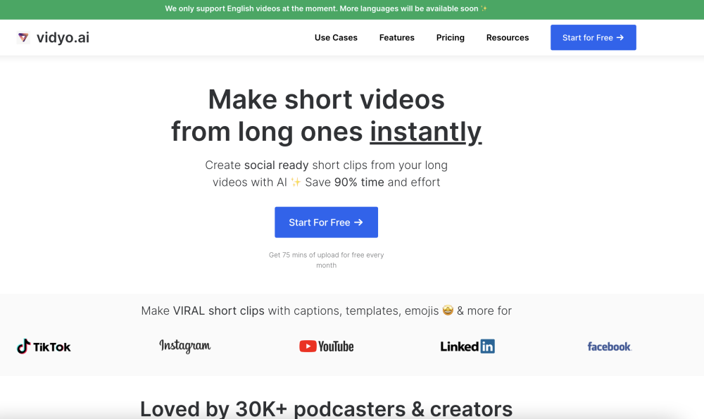 Vidyo.ai: AI Tool for Podcast Clips on TikTok, Reels