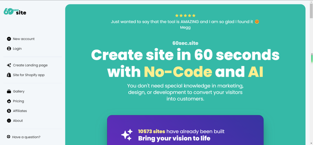 60sec.site: No-Code Landing Page Builder for SaaS, Apps in 60 Seconds