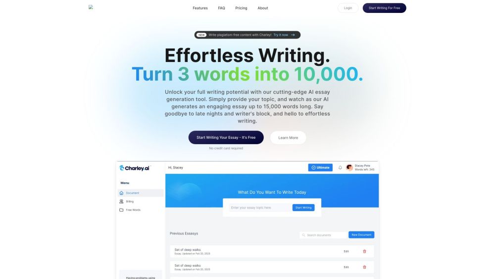 Charley.ai: Fast, Quality Essays in 20 Sec - Advanced AI Writer