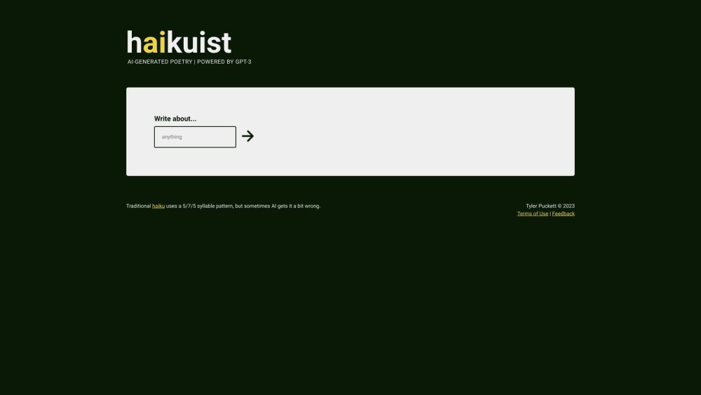 Haikuist | GPT-3 AI Poet: Create Traditional Haiku Online : Generate Poetry