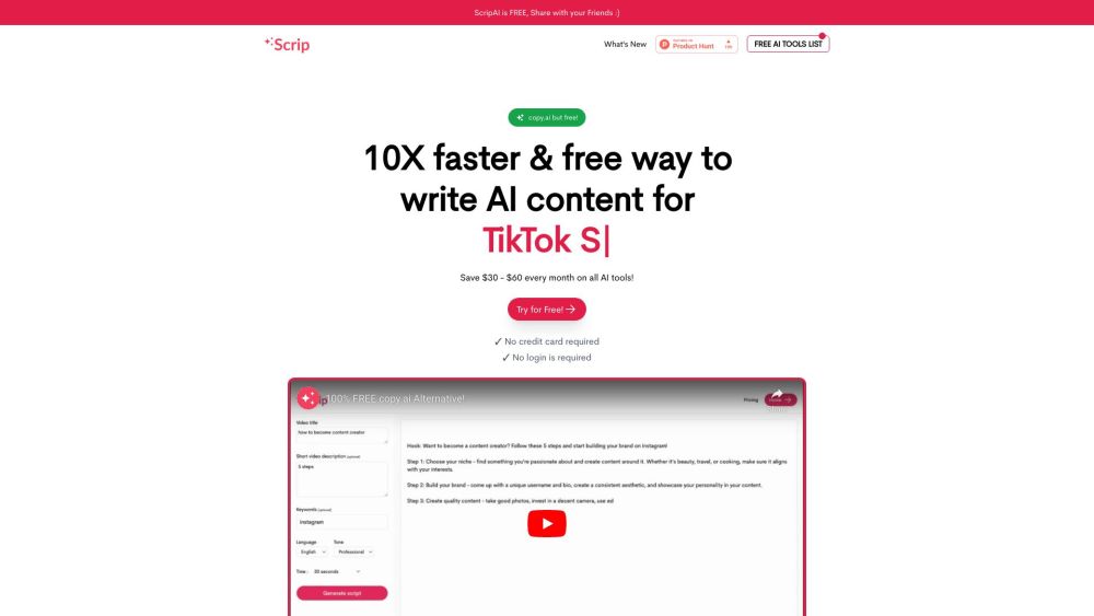 Scrip AI: Free, Efficient AI Content Writing Without Login