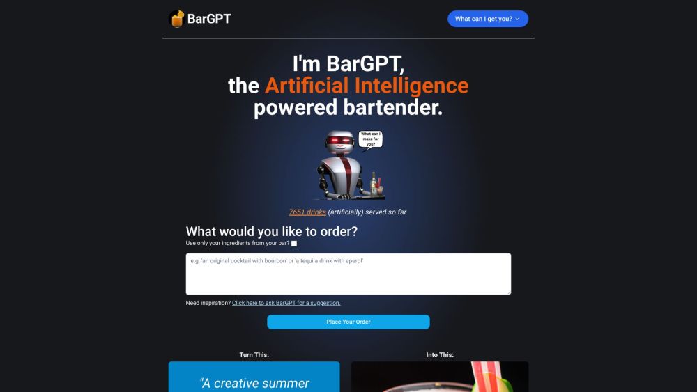 BarGPT: AI Bartender Creating Unique, Creative AI-Generated Cocktails