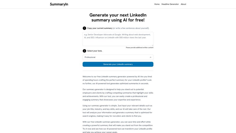 LinkedIn Summary Generator: AI Tool for Professional, Engaging Profiles