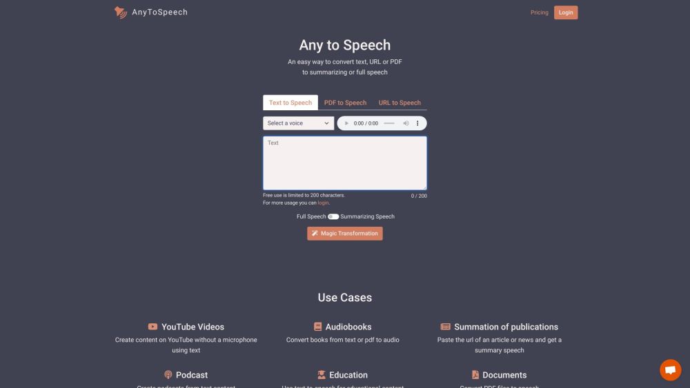 AnyToSpeech: Convert Text, PDFs, Docs, Images, URLs to Realistic Speech