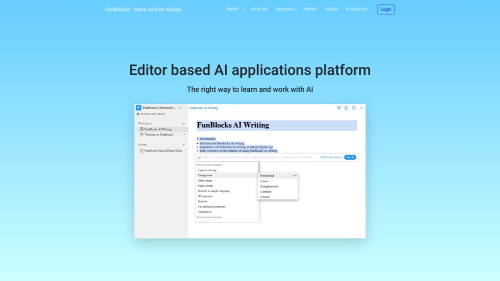 FunBlocks: AI Writing, No-Code Dev, and Collaborative Hub.