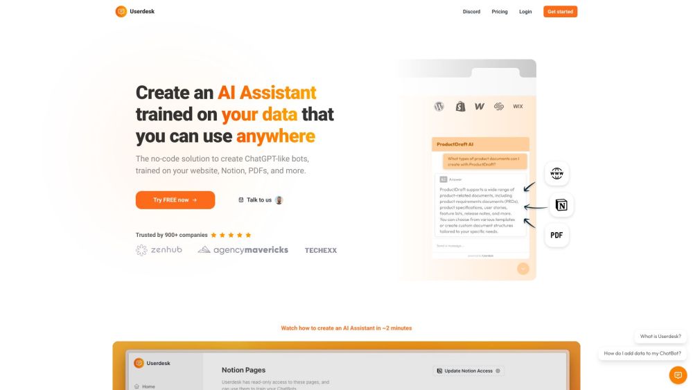 Userdesk: No-Code AI ChatBots Trained on Your Own Data