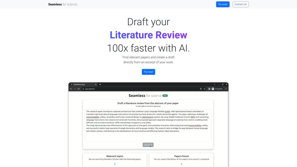 Seamless: AI for Quick, Efficient Scientific Literature Reviews in Seconds