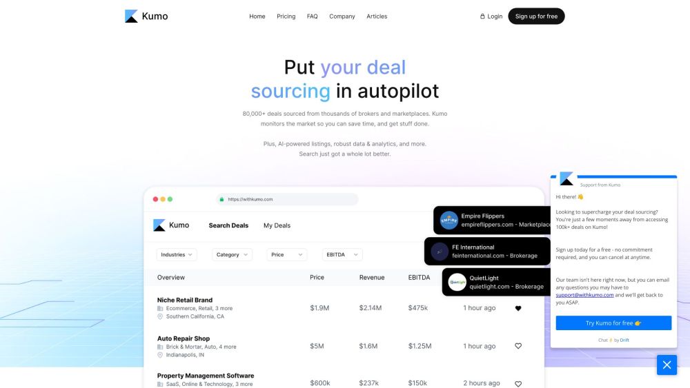 Kumo: Aggregates Business Listings for Easy Deal Sourcing Platform