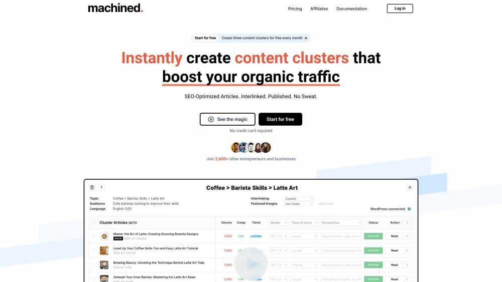 Machined.ai: AI Content Clusters for Organic Traffic and SEO Boost