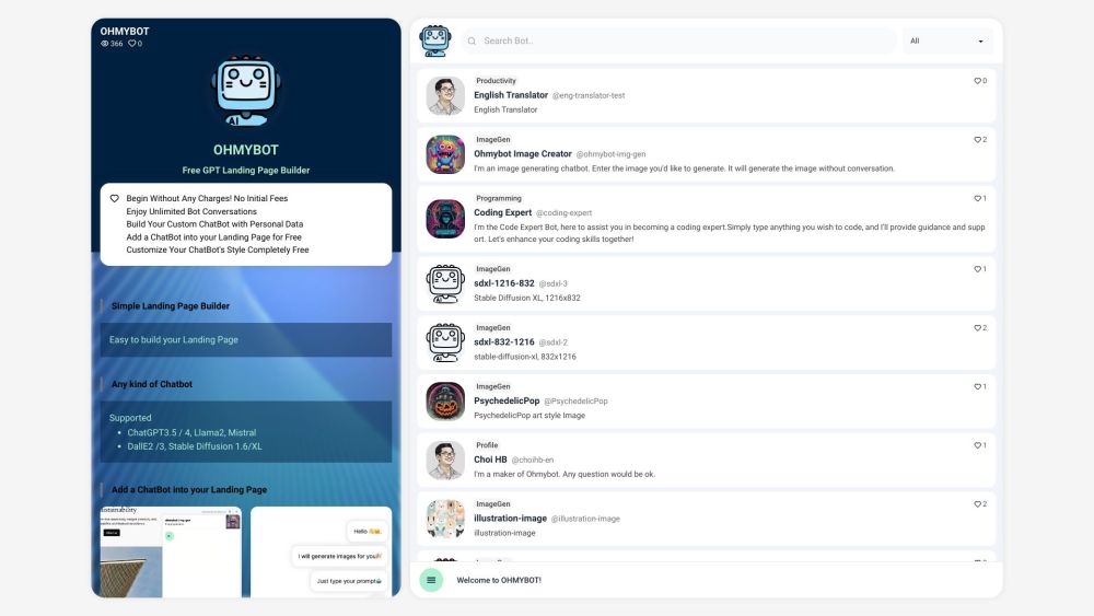 OHMYBOT: GPT Chatbot & Landing Page Creator with LLMs, Image Generation