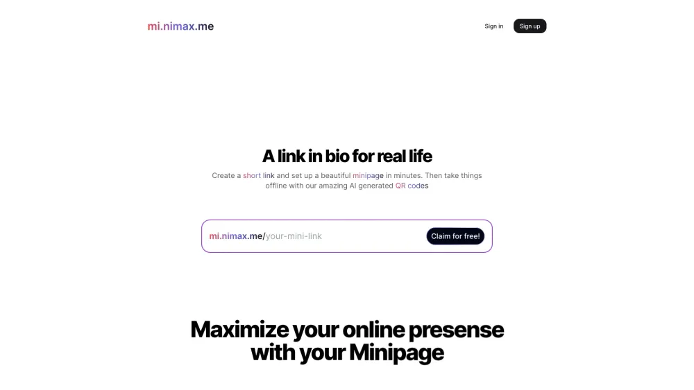 Mi.nimax.me: Short Links, AI QR Codes & Business Cards in Minutes