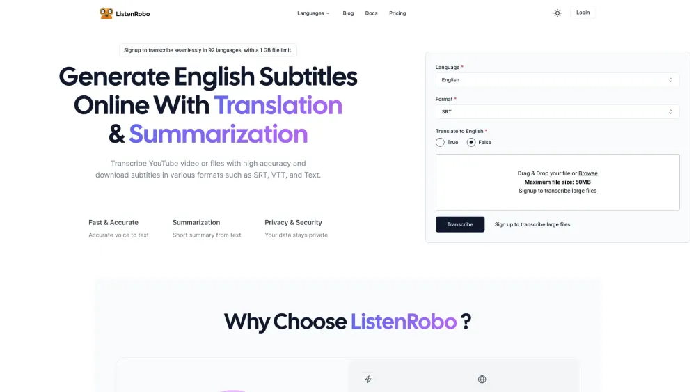 ListenRobo: AI Transcription, Translation for Media Files