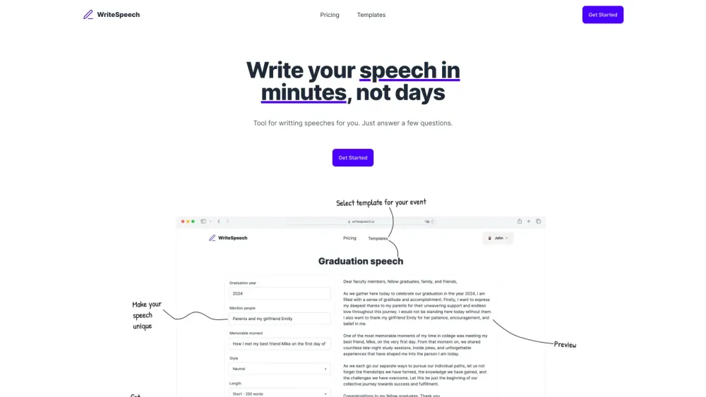 WriteSpeech: AI-Powered Tool for Personalized Speech Creation, Various Uses