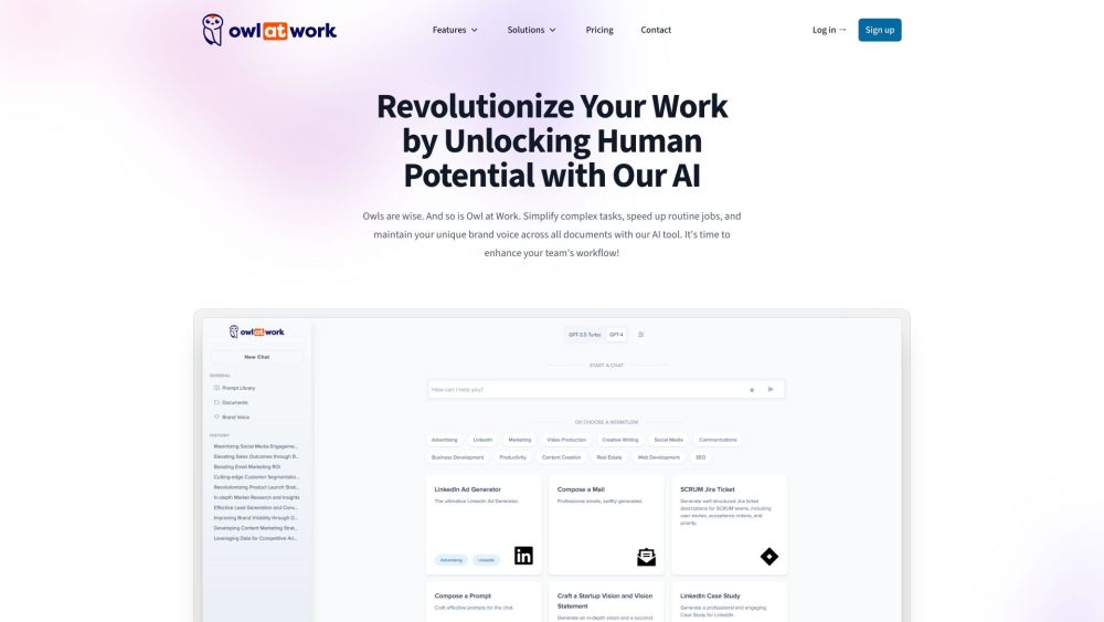 Owl at Work: AI for Productivity, Vibrant Visuals, Streamlined Workflows