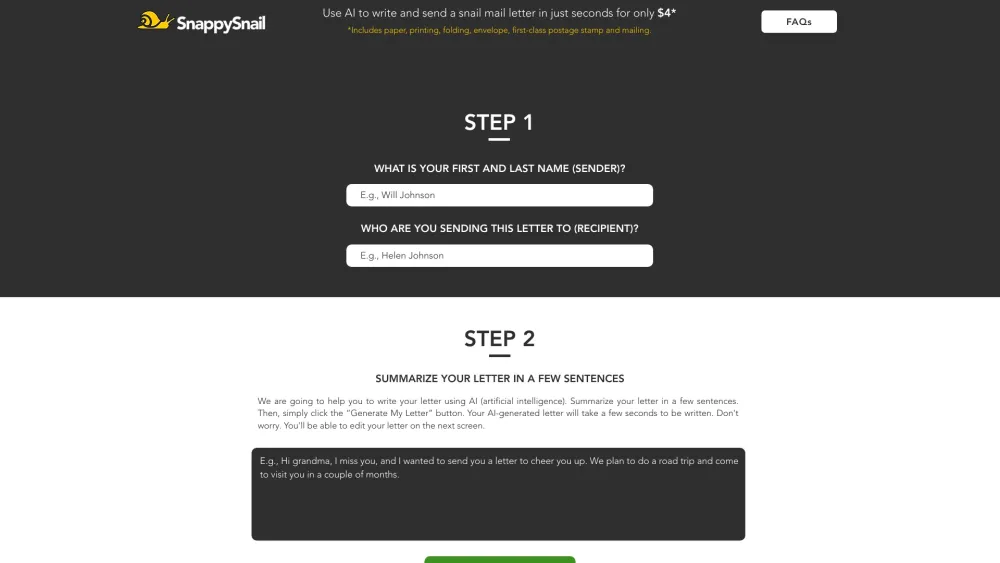SnappySnail: AI Tool for Quick Snail Mail Letters Creation