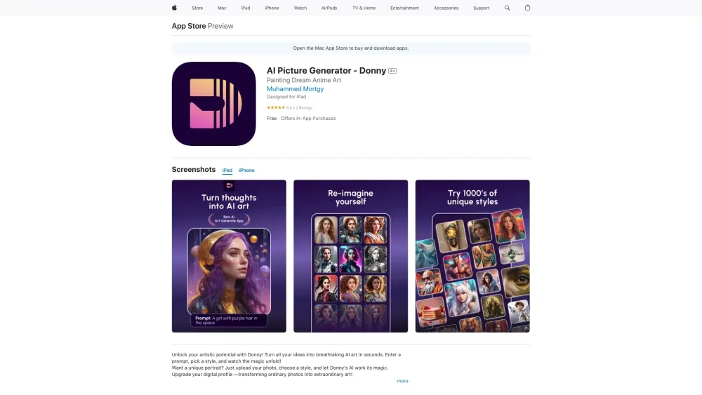 AI Picture Generator - Donny : 500+ Styles for Personalized Artwork