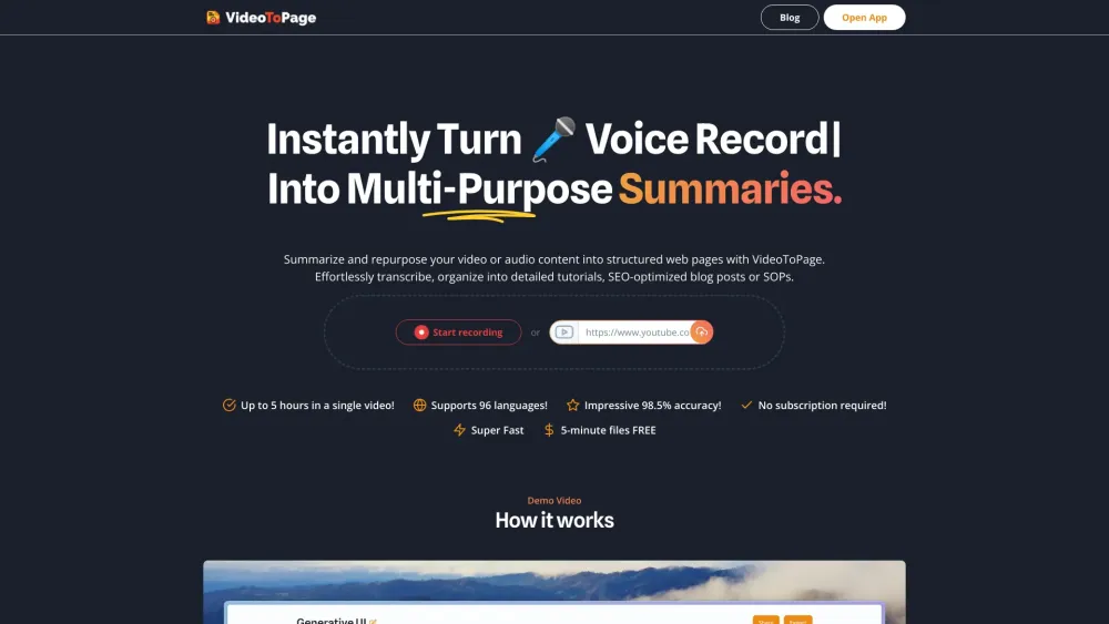 VideoToPage: Instant Summarize & Repurpose Any Video or Audio