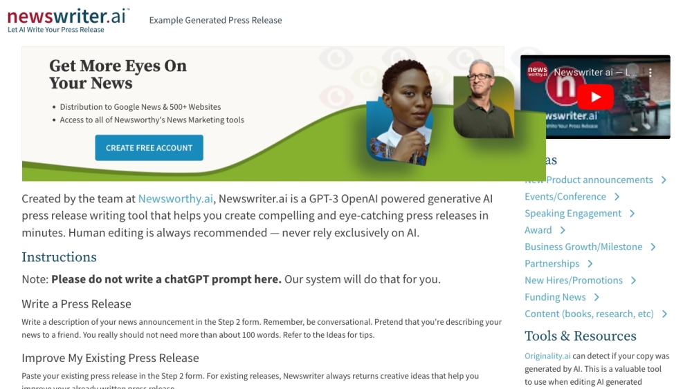 Newswriter.ai : Free AI Press Release Service by OpenAI GPT-3