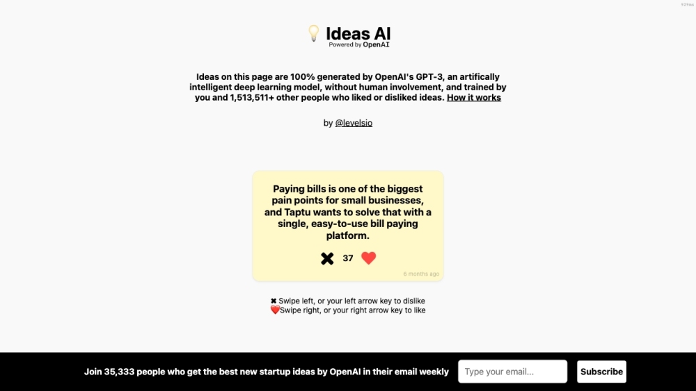 Startup Ideas by OpenAI: AI-Generated Ideas, Swipe & Subscribe