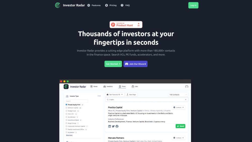 Investor Radar: Find Ideal Investors, Filter 90,000+ Firms, 94,000+ Contacts