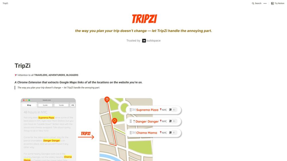 TripZi: Browse, Extract Locations, Link Maps & Save to Profile