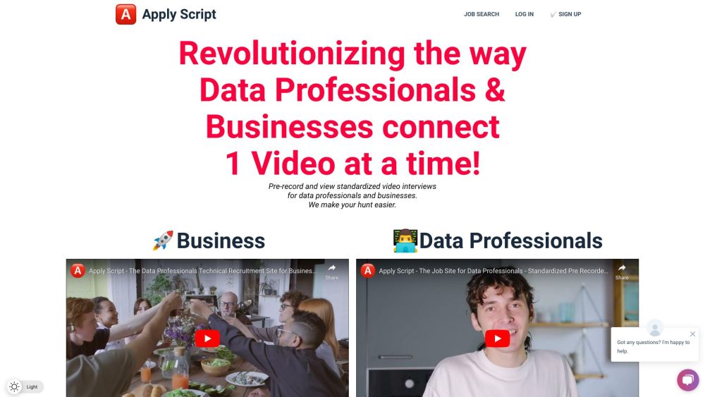 Apply Script: Connect Data Pros & Businesses via Video Interviews