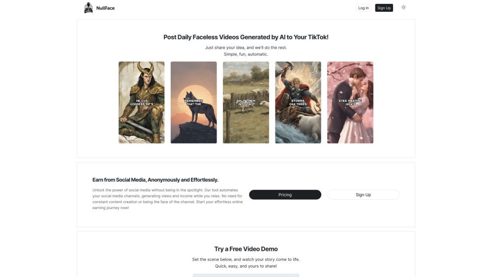 Nullface.ai: AI Platform for Daily Faceless TikTok Video Creation