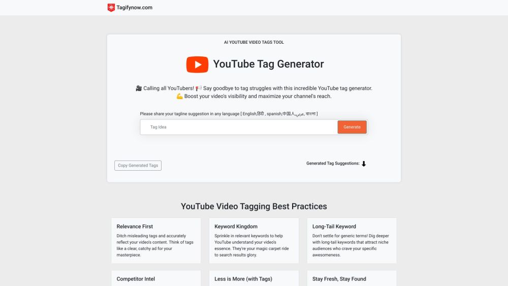 TagifyNow: Free YouTube Tag Generator, No Account Required