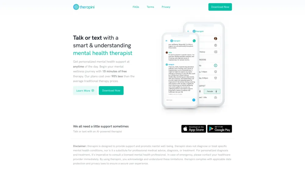 Therapini : AI Therapist for Trusted Talk & Text Sessions, Anytime