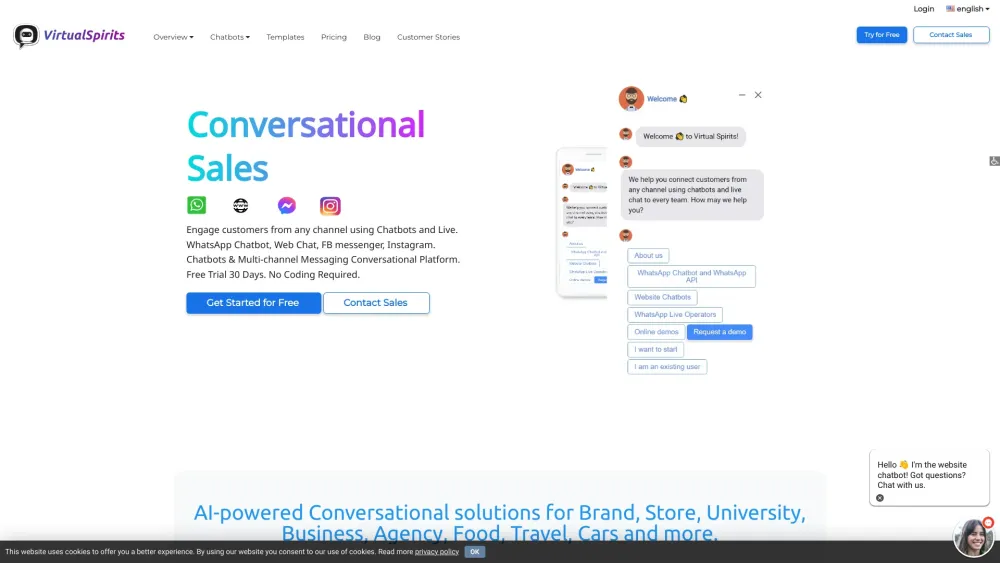 VirtualSpirits: Efficient Chatbot for Websites, WhatsApp, Messenger