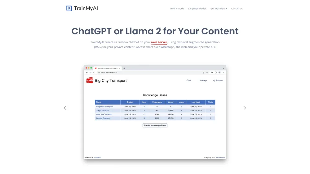 TrainMyAI: Custom ChatGPT, Llama 2, Web Interface & Analytics