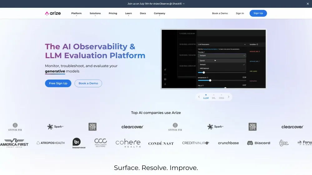 Arize AI : AI Observability & LLM Evaluation Platform Tool