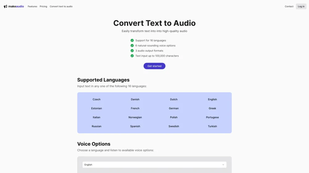 Makeaudio: AI Text to Audio - 16 Languages, 6 Voices, 3 Formats