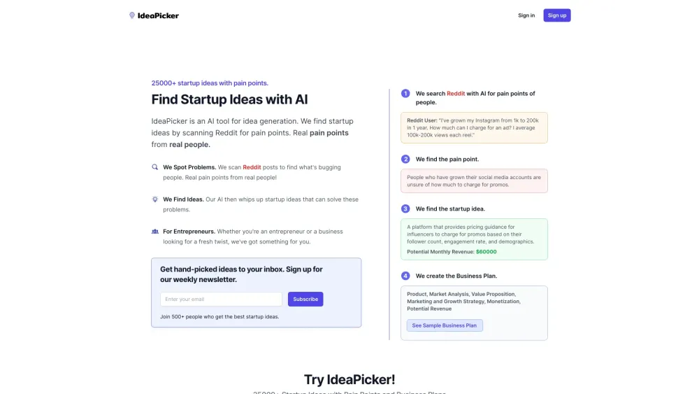 IdeaPicker: AI Generates Startup Ideas by Scanning Reddit for Pain