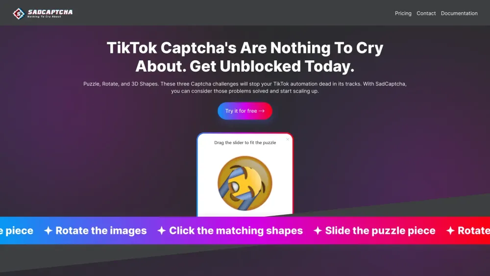 SadCaptcha: Solve TikTok Rotate, Puzzle, 3D Captchas Instantly