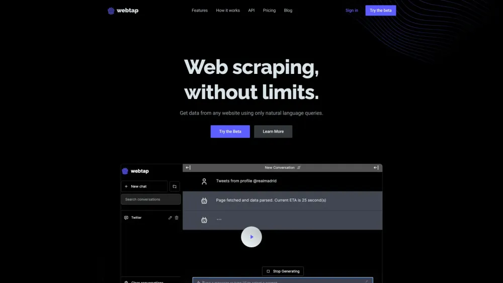 Webtap.ai: AI Web Scraping, No Code, Unlimited Requests, Easy Export