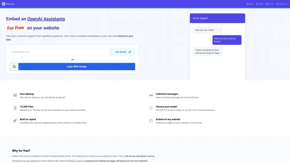 Rispose: Free OpenAI Chat-Bots, Custom Site Widgets, Easy Integration