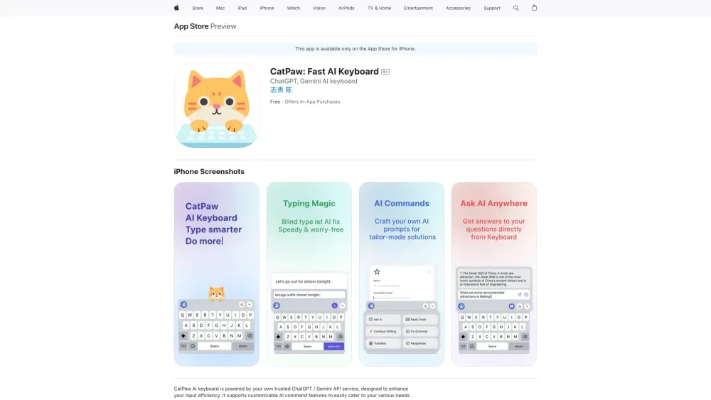 CatPaw AI Keyboard: Fast, Efficient AI Commands, Customizable for iOS