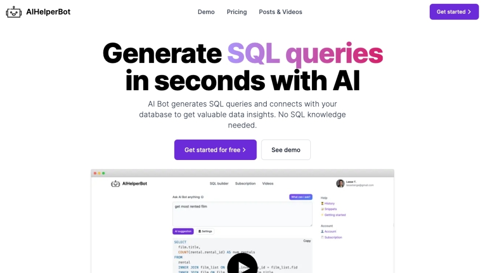 AIHelperBot: Free AI SQL Query Generator & Optimizer Tool