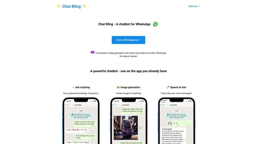 Chat Bling: Versatile WhatsApp Chatbot, No Signup, Multi-Feature Tool