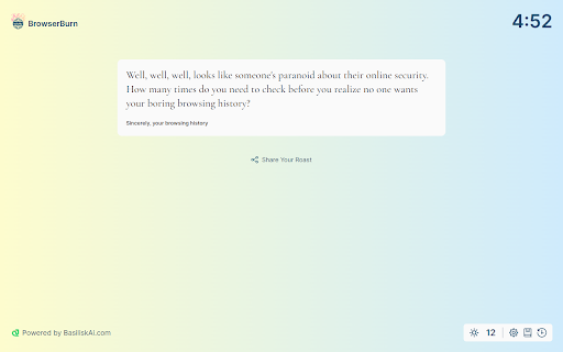 BrowserBurn - Chrome Extension: Humorous AI Critique of Browsing Habits