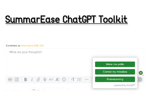 ChatGPT - Chrome Extension: Idea Generation, Error Correction, Politeness, Summarization : AI Tool