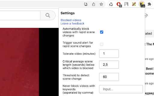 Kaini - Chrome Extension: Block YouTube Videos with Quick Scene Changes