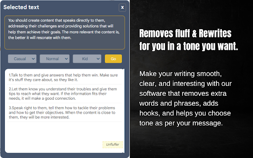 UnFluffer - Chrome Extension: Clear, Concise Content AI Tool