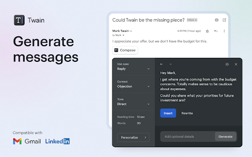 Twain - Chrome Extension: Sales-Focused Email Writing Assistant Tool