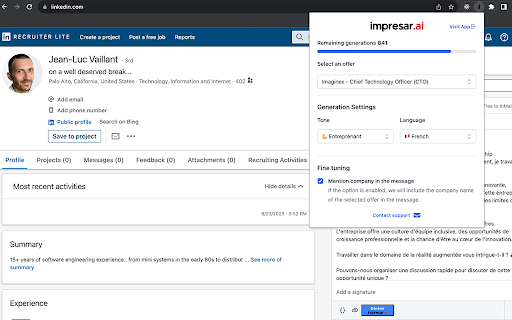 Impresar.ai: Chrome Extension for AI-Powered LinkedIn Recruitment Messages