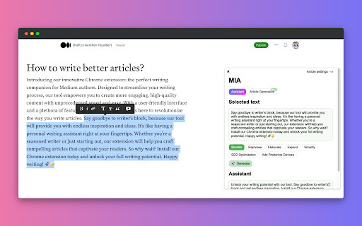 MIA: AI Writing Assistant - Chrome Extension : Enhance Writing Effortlessly